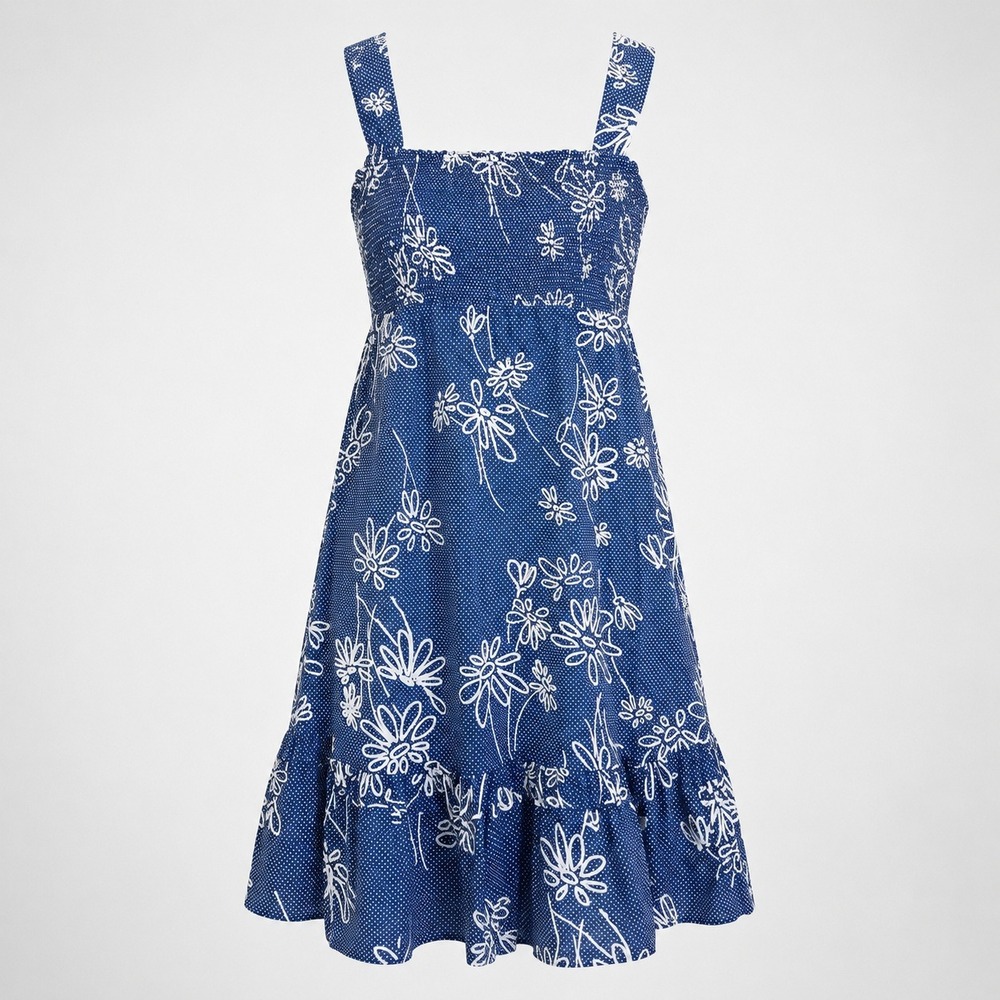 Vintage 70s Young‎ Hawaii Blue White Floral Sundress Smocked Hawaiian Dress L